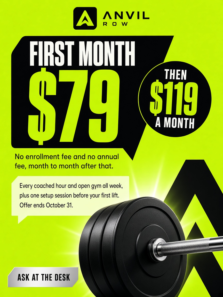 Anvil Row post: "FIRST MONTH $79", a lime card carrying the rate, the fees and a stack of bumper plates.
