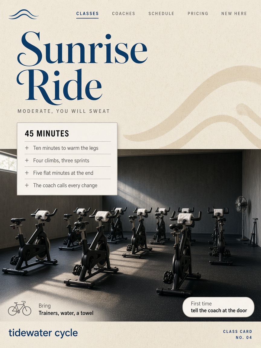 Tidewater Cycle post: "Sunrise Ride", a studio of racked bikes lit by one strip of morning window light.