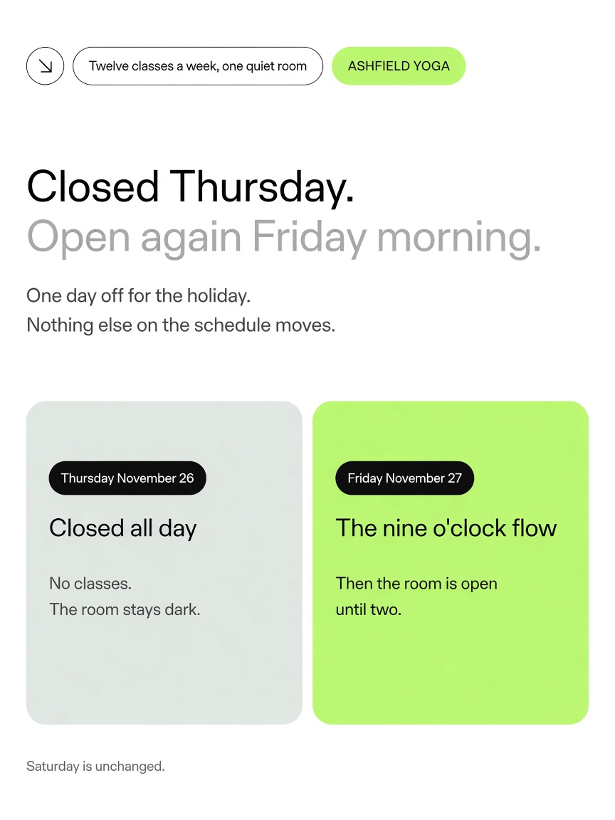 Ashfield Yoga post: "Closed Thursday.", a white card holding two day cards, one grey and one lime.