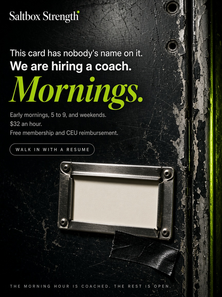 Saltbox Strength post: "We are hiring a coach.", a close-up of a worn locker door with one blank name card.