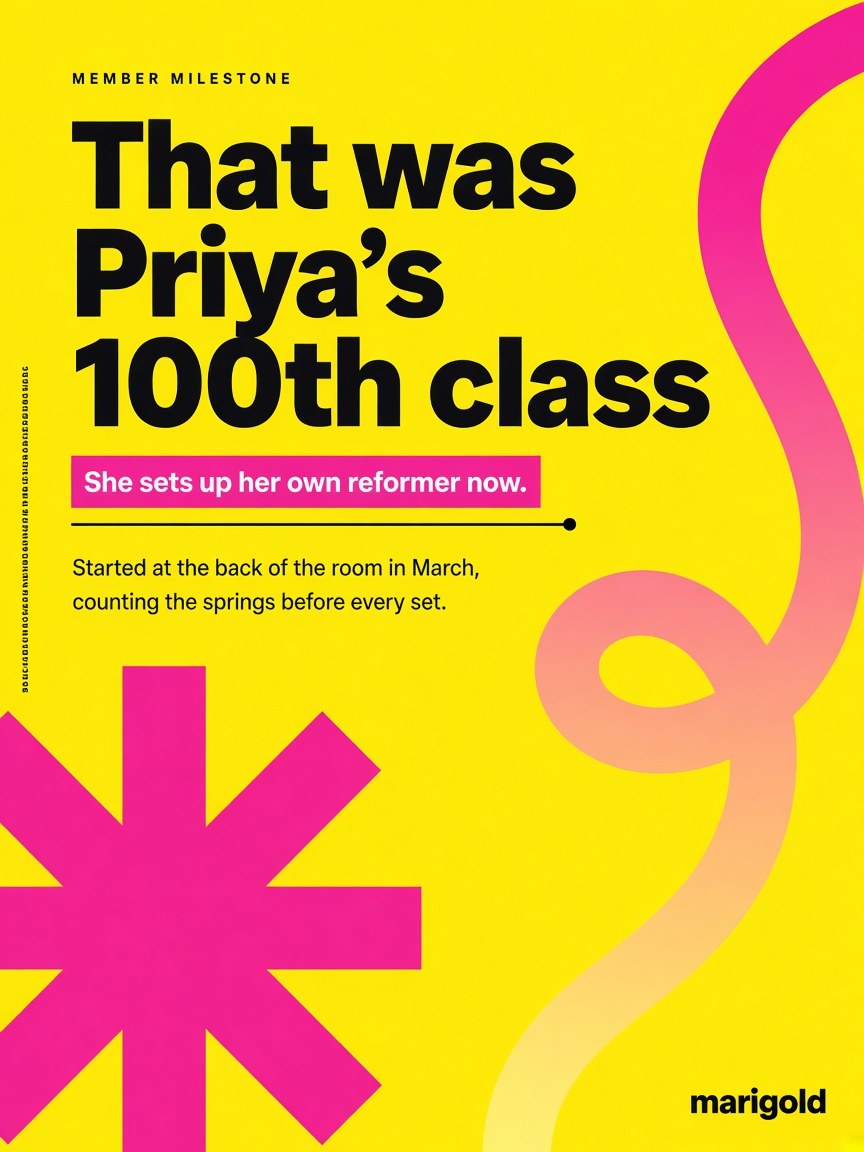 Marigold Pilates post: "That was Priya's 100th class", a yellow card with a giant magenta asterisk cropped by the corner.