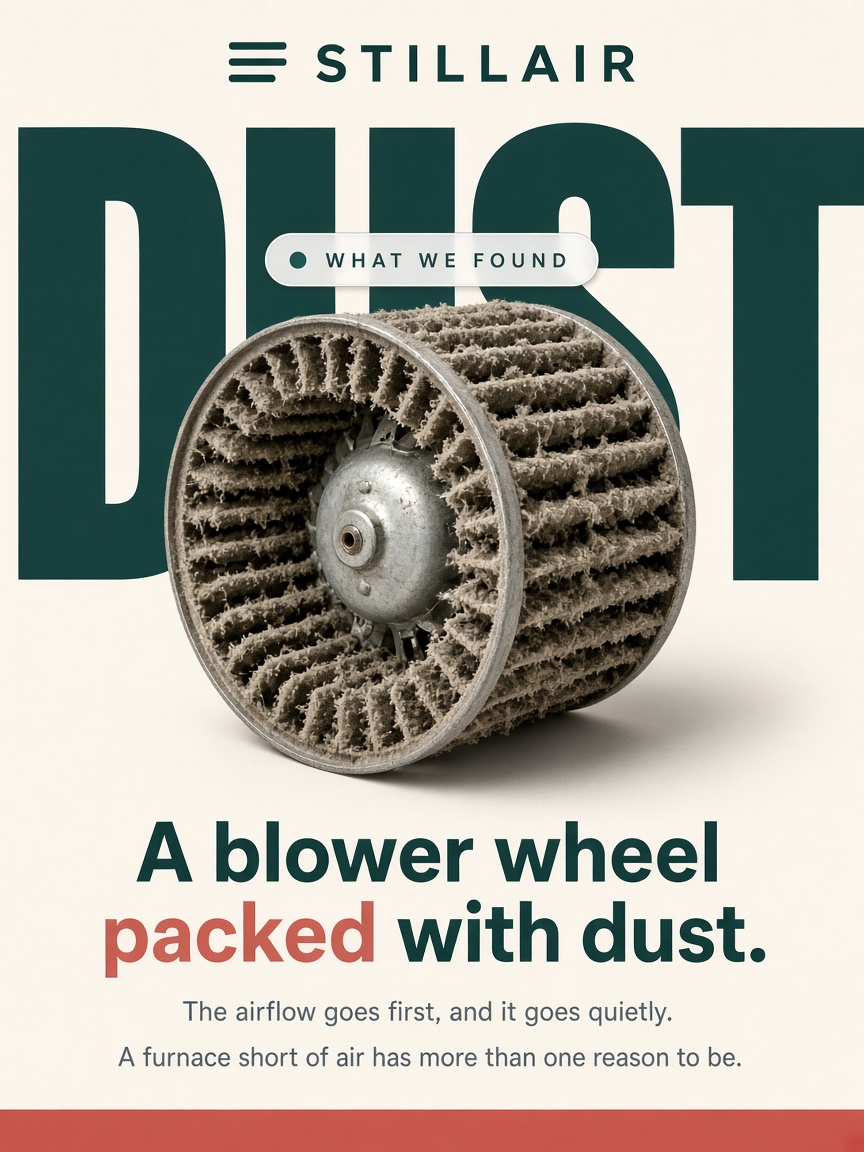 Stillair post: "A blower wheel packed with dust.", a cut-out furnace blower wheel with grey felt packed between every blade.