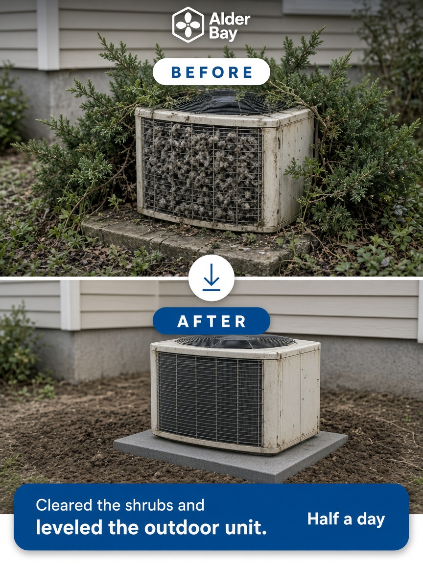 Alder Bay post: "Cleared the shrubs and leveled the outdoor unit.", the same outdoor condenser overgrown above and clear below.