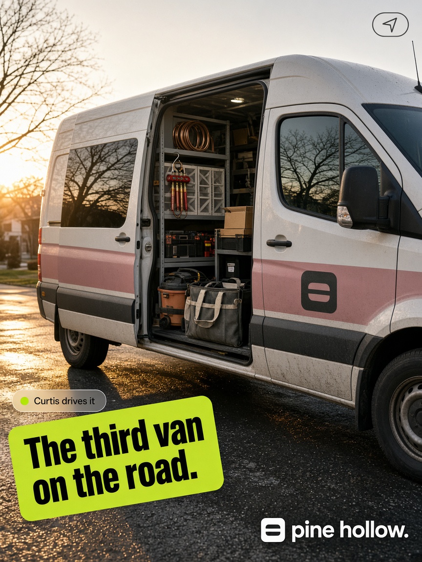 Pine Hollow post: "The third van on the road.", a white service van in a driveway with its side door open on stocked shelving.