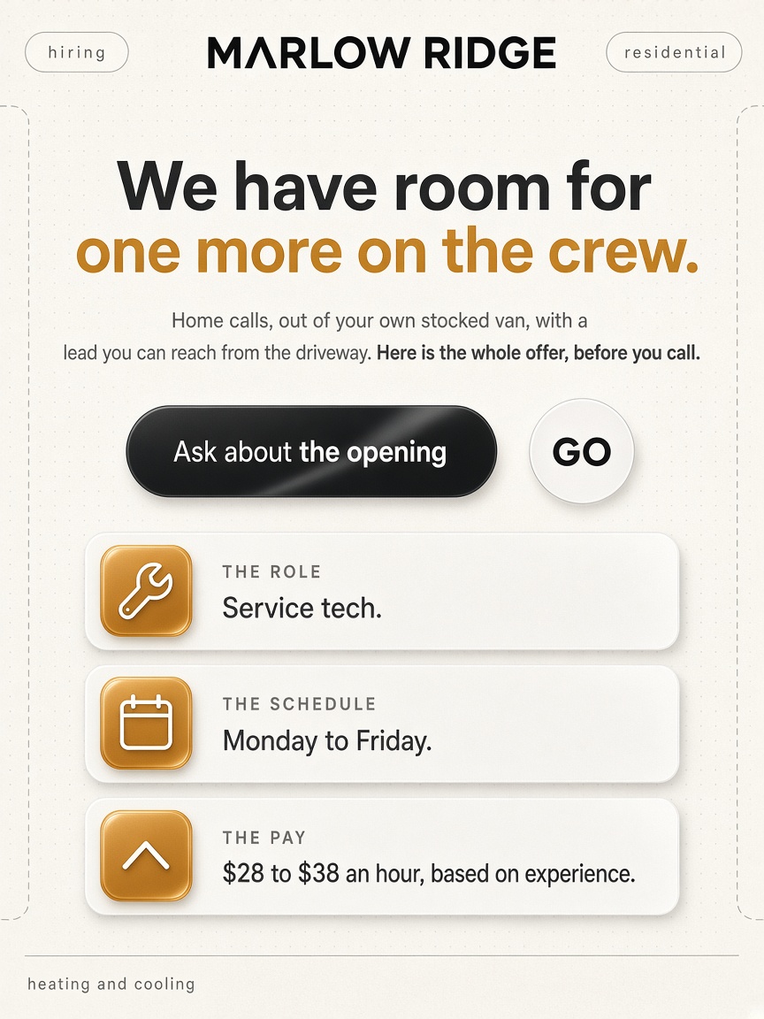 Marlow Ridge post: "We have room for one more on the crew.", three rows giving the role, the schedule and the pay.