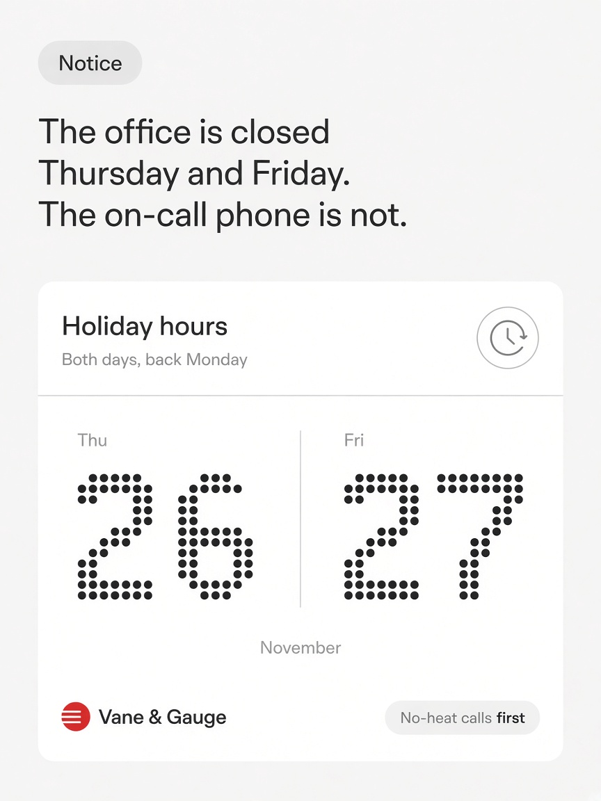 Vane & Gauge post: "The office is closed Thursday and Friday.", a white card carrying the dates 26 and 27 in dot-matrix numerals.