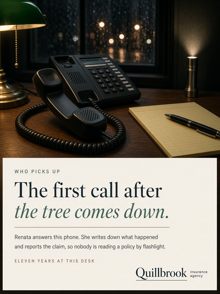 Quillbrook Insurance post: "The first call after the tree comes down.", a lamplit agency desk at night with a landline handset off its cradle, a blank legal pad and rain on the dark window.
