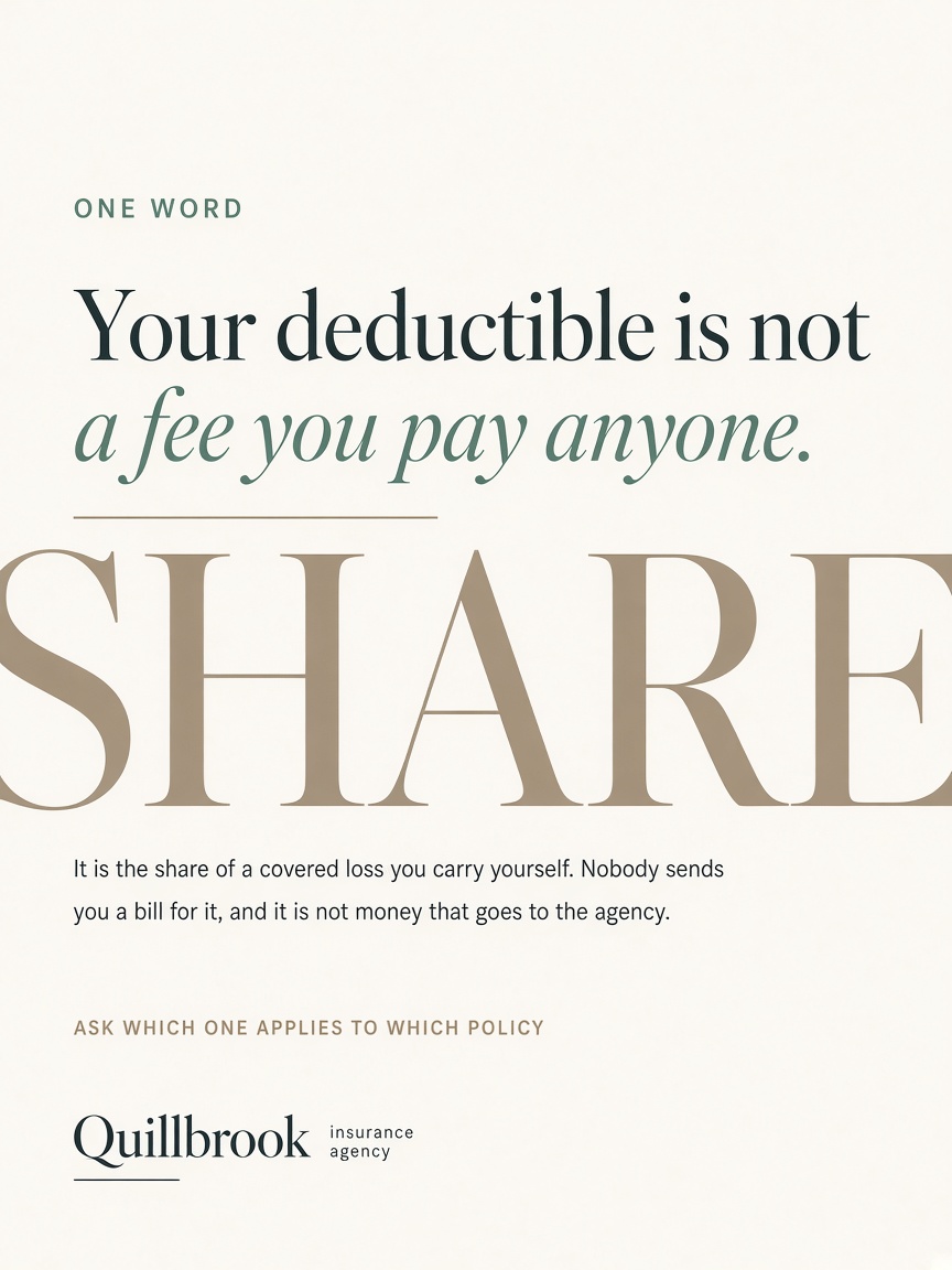 Quillbrook Insurance post: "Your deductible is not a fee you pay anyone.", a bone off-white poster with the word SHARE set huge in warm taupe behind the headline.