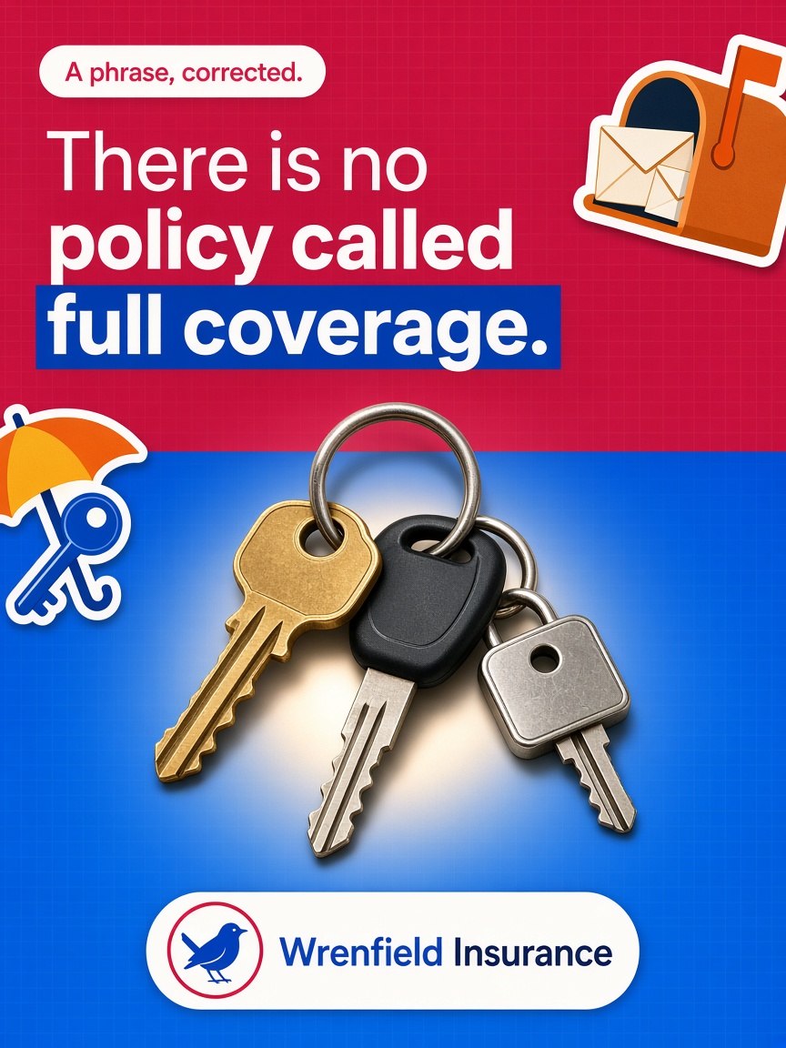 Wrenfield Insurance post: "There is no policy called full coverage.", three keys on one steel ring cut out against a raspberry and royal blue field.