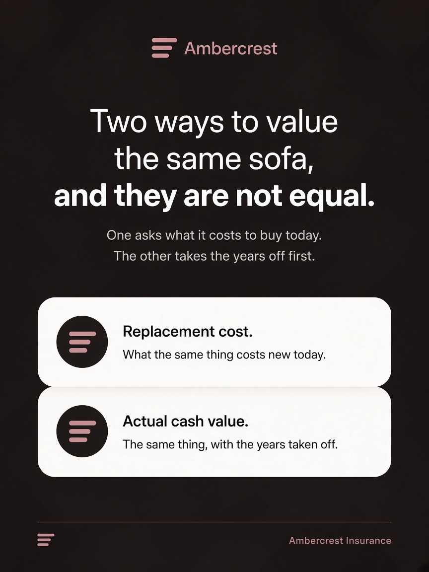 Ambercrest Insurance post: "Two ways to value the same sofa.", two white cards on an espresso field defining replacement cost and actual cash value.