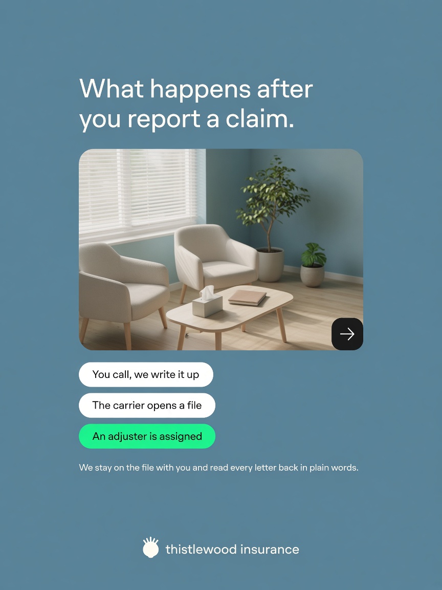 Thistlewood Insurance post: "What happens after you report a claim.", a dusty blue app screen with a photograph of the agency's front room and three step chips.