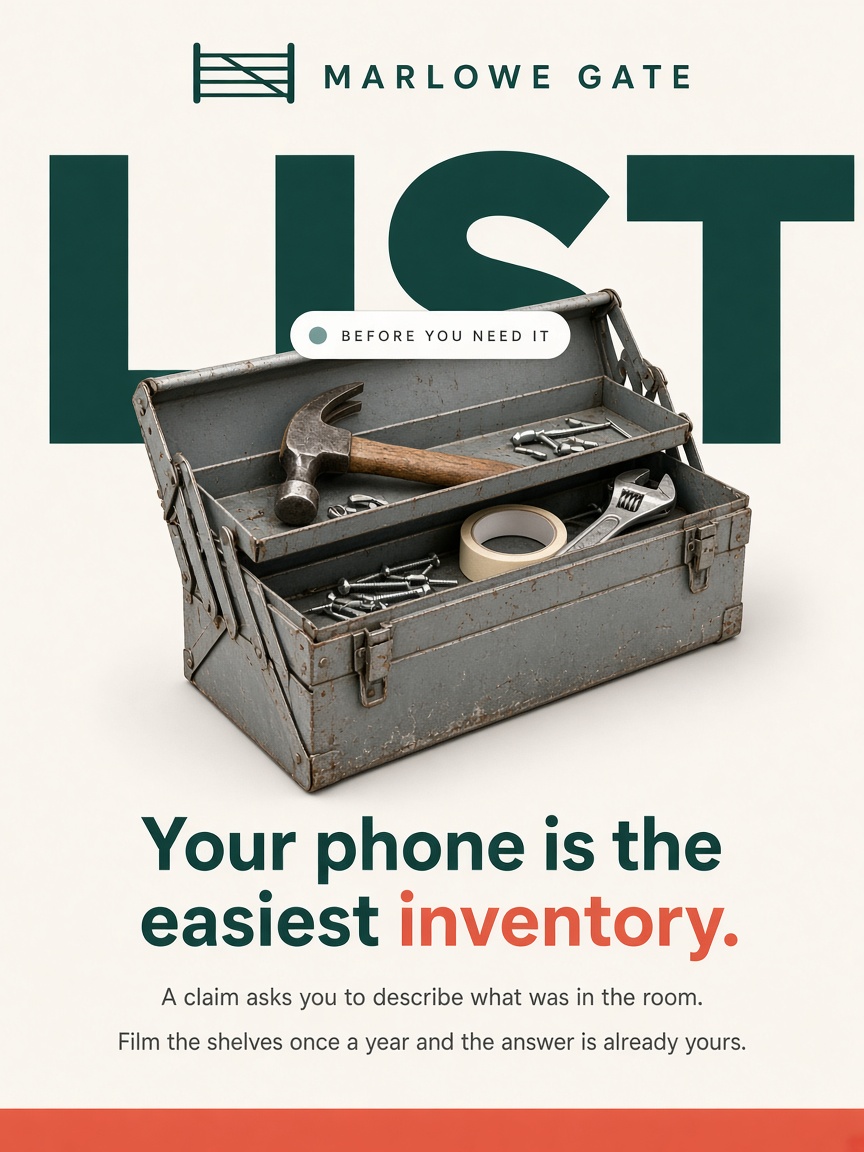 Marlowe Gate Insurance post: "Your phone is the easiest inventory.", an open grey steel toolbox cut out over the word LIST on a bone field.