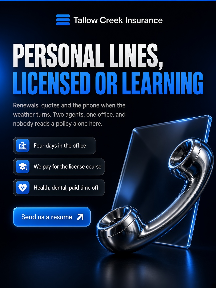 Tallow Creek Insurance post: "PERSONAL LINES, LICENSED OR LEARNING", a near-black hiring poster with three glass chips and a chrome telephone handset.