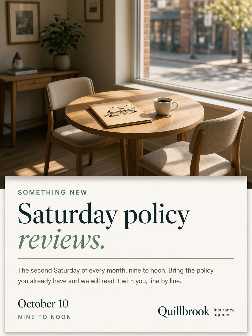 Quillbrook Insurance post: "Saturday policy reviews.", a sunlit table in the agency window with two empty chairs and a bone card carrying the October 10 date.