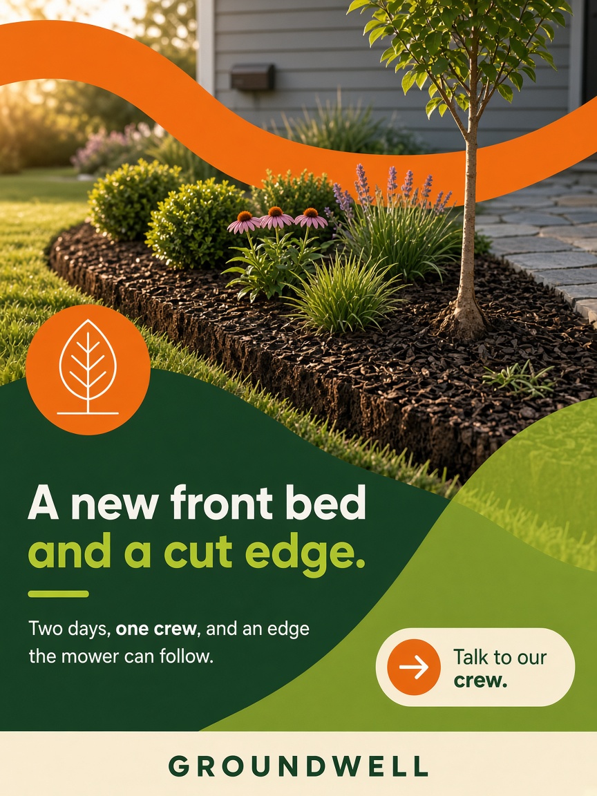 Groundwell post: "A new front bed and a cut edge.", a curved bed of grasses and mulch behind a fresh spade edge in low sun.