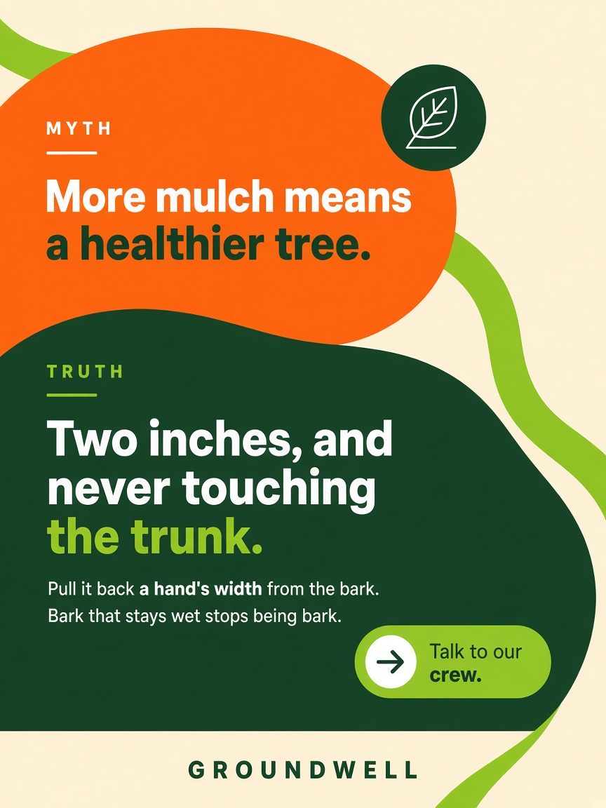 Groundwell post: "Two inches, and never touching the trunk.", a myth card stacked above a truth card on a cream field.