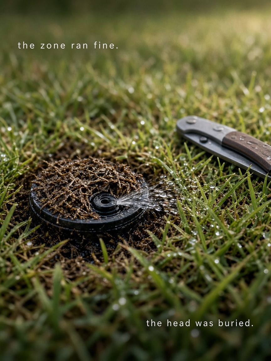 Slate Creek post: "the head was buried.", a sunken sprinkler head ringed by overgrown turf spraying sideways at grass level.