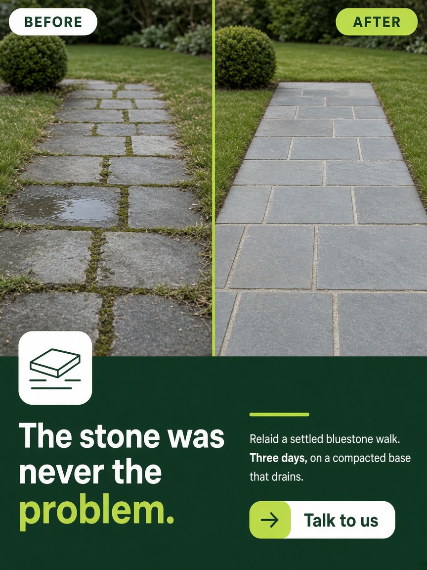 Ridge Hollow post: "The stone was never the problem.", a settled bluestone walk beside the same walk relaid flat and tight.