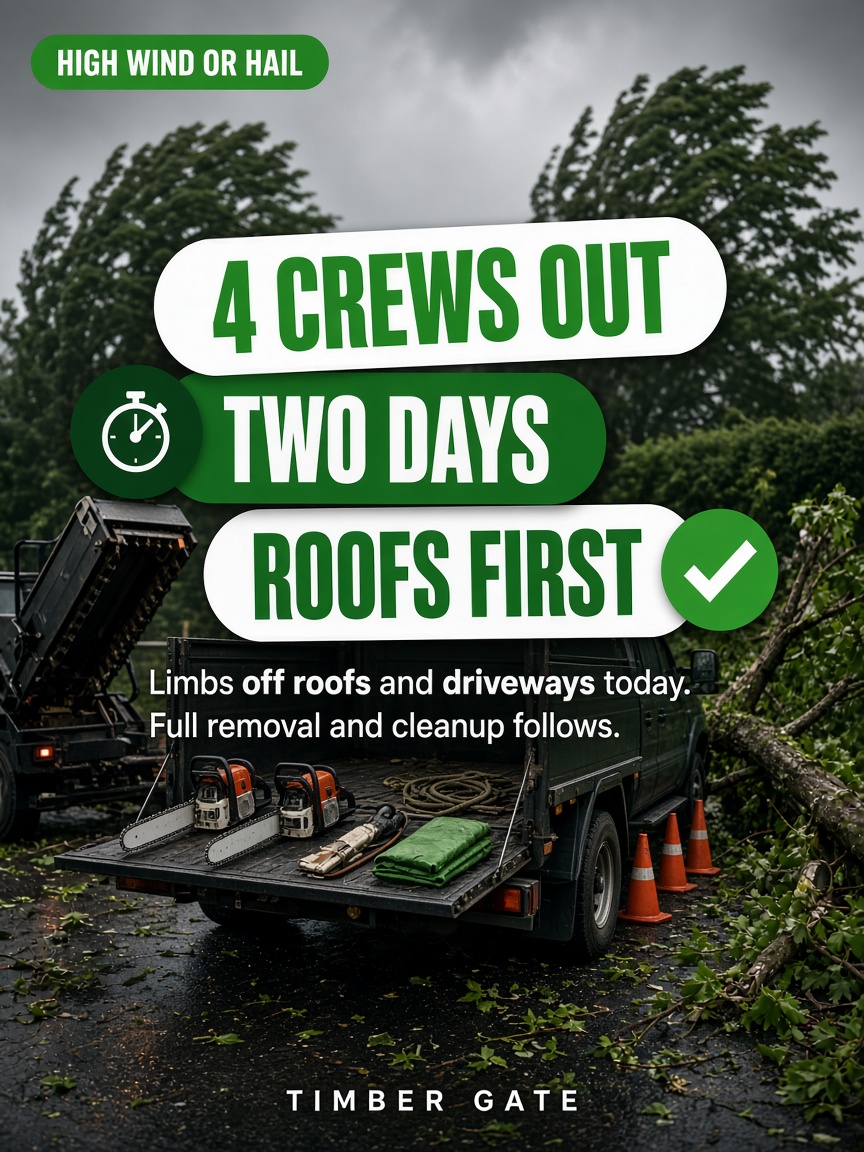 Timber Gate post: "4 CREWS OUT", a flatbed truck with saws, rope and a folded tarp staged on wet blacktop under a storm sky.