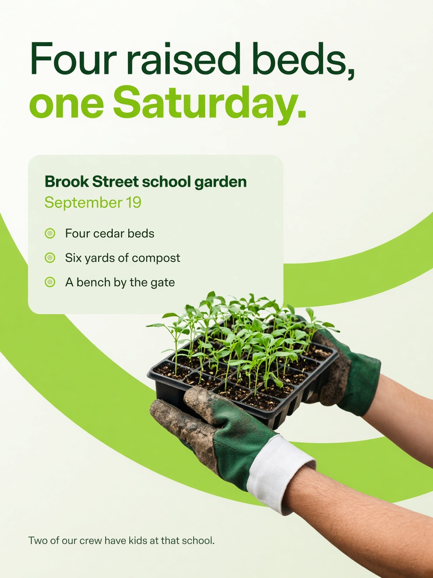 Alder Yard post: "Four raised beds, one Saturday.", a mint card listing the build beside gloved hands holding a flat of plugs.
