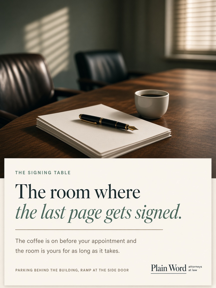 Plain Word Law post: "The room where the last page gets signed.", a walnut conference table with blank pages, a fountain pen and morning light through blinds.