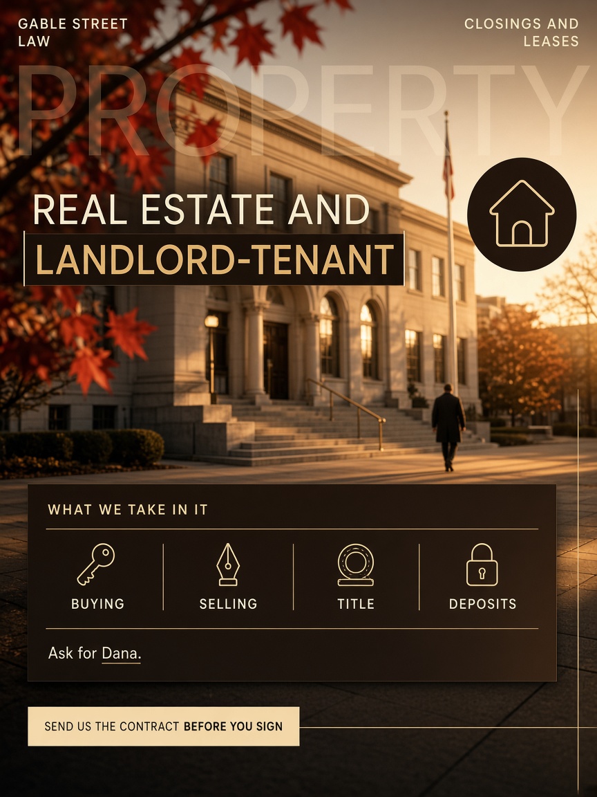 Gable Street Law post: "REAL ESTATE AND LANDLORD-TENANT", a county courthouse at golden hour under a dark card holding four practice cells.