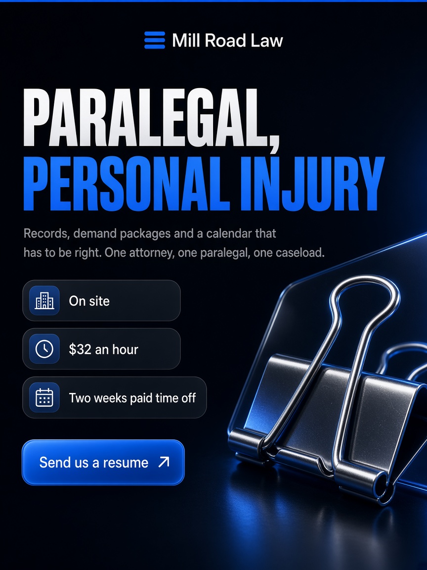 Mill Road Law post: "PARALEGAL, PERSONAL INJURY", an oversized chrome binder clip on a dark stage beside three chips carrying the terms.