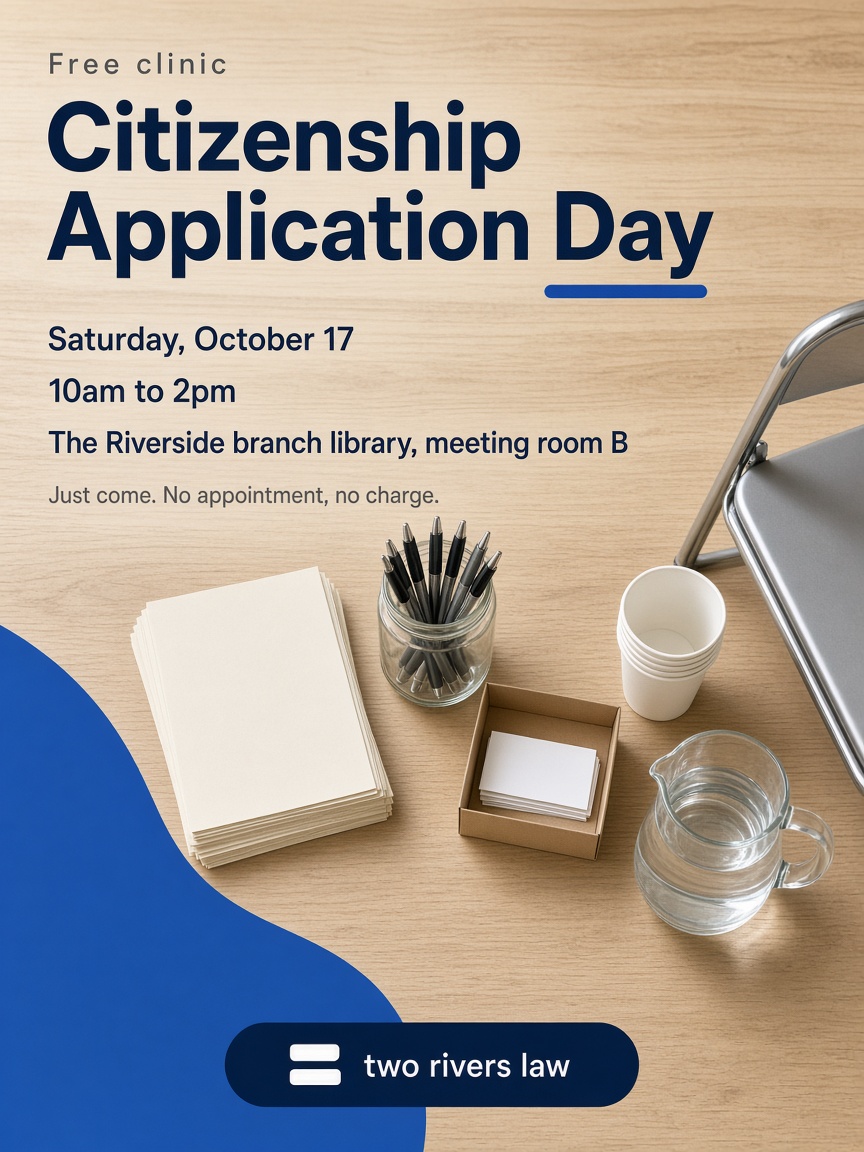 Two Rivers Law post: "Citizenship Application Day", an overhead photograph of a library sign-in table set up and empty before the doors open.