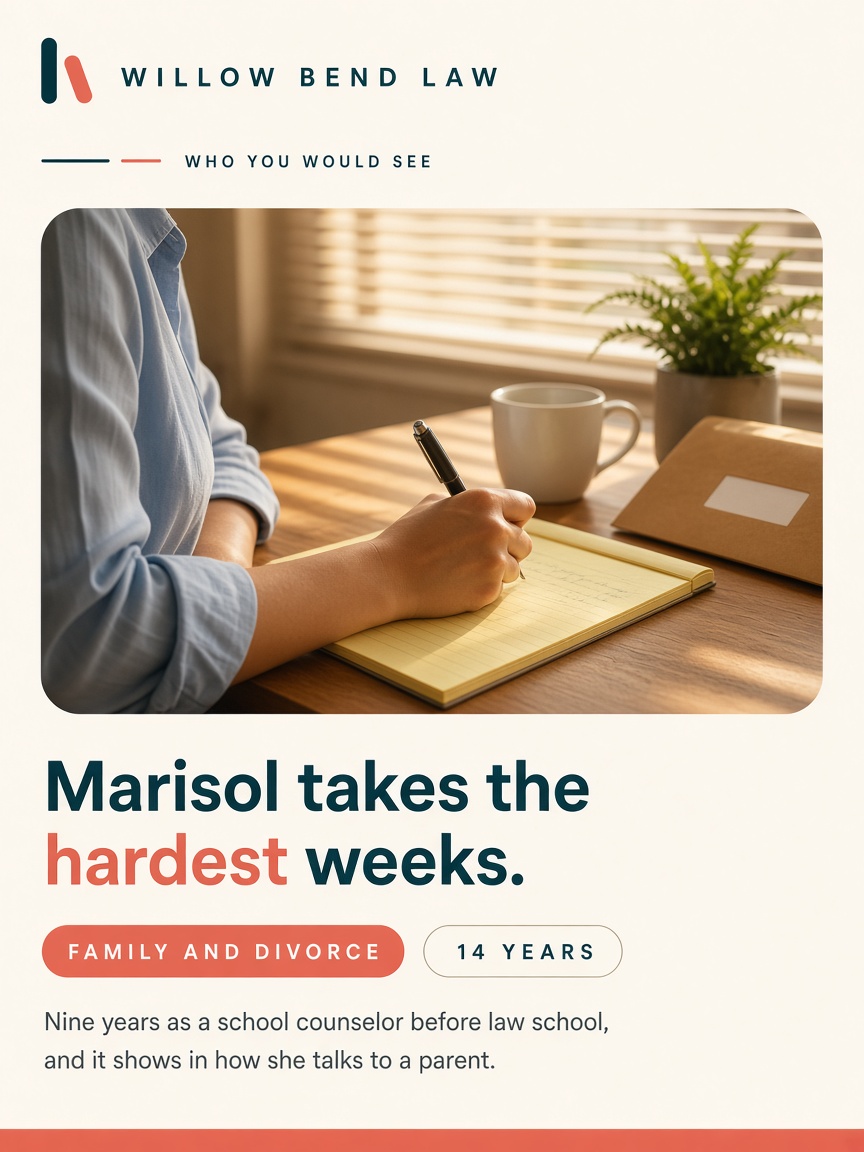 Willow Bend Law post: "Marisol takes the hardest weeks.", a photograph taken over an attorney's shoulder as she writes on a legal pad in late sun.