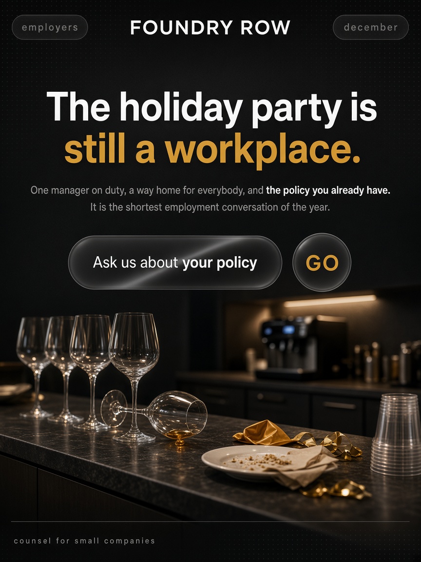 Foundry Row Law post: "The holiday party is still a workplace.", an office kitchen counter after the party with empty glasses under one warm light.