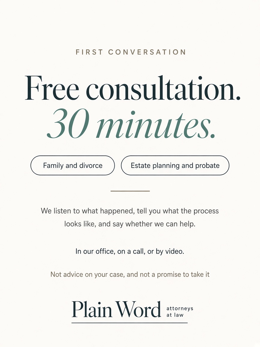 Plain Word Law post: "Free consultation.", a bone card carrying 30 minutes, the two practice areas in outlined pills, and the line that it is not advice on your case.
