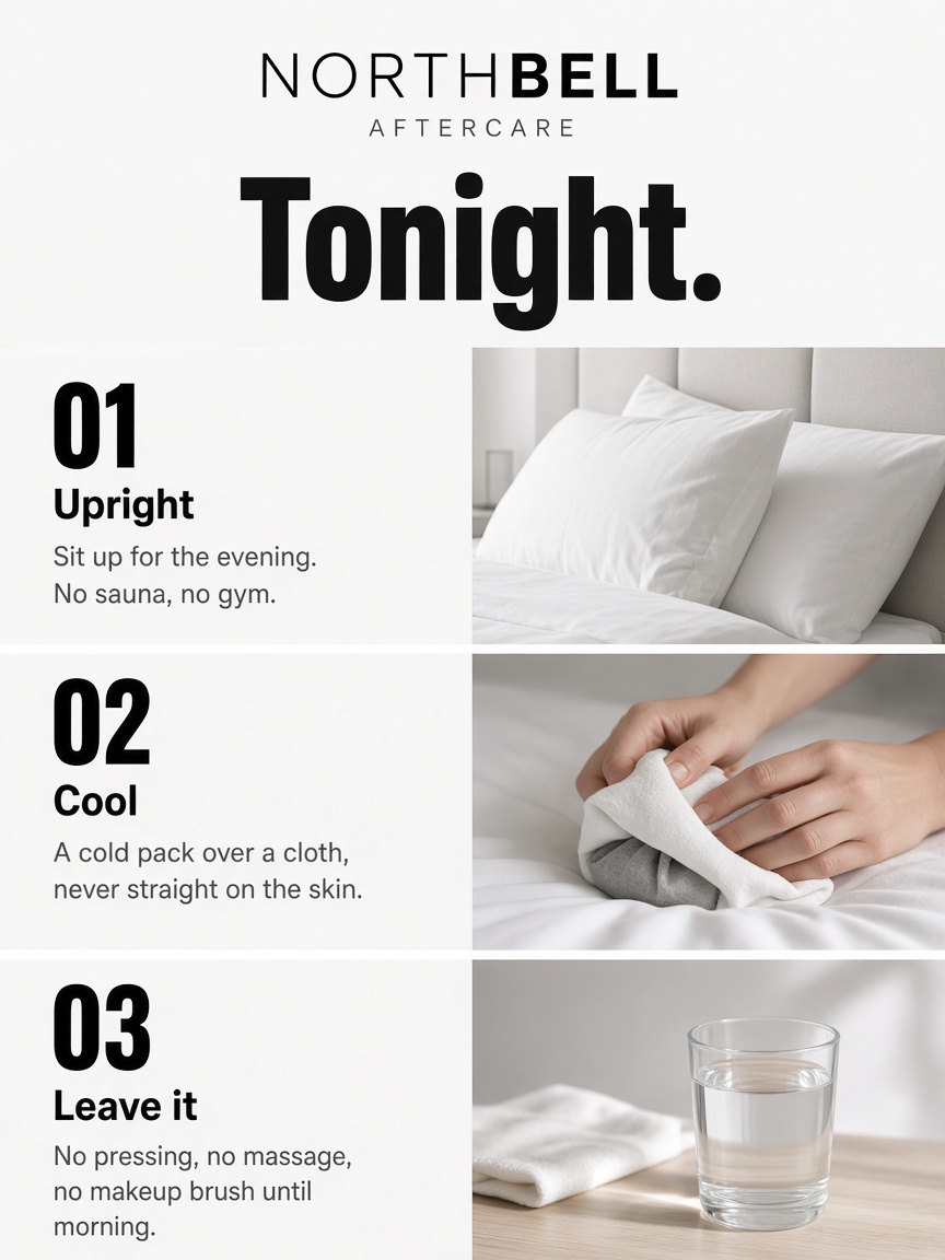Northbell Aesthetics post: "Tonight.", three numbered rows beside two stacked pillows, hands holding a cold pack, and a glass of water at a bedside.