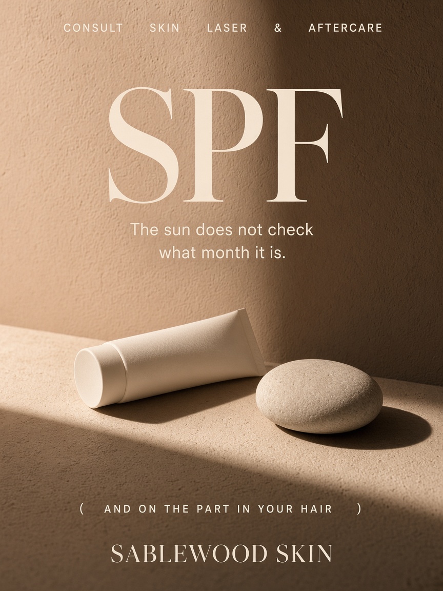 Sablewood Skin post: "SPF", a plain ivory tube and a pale stone on a warm nude ledge with one hard bar of sunlight across them.