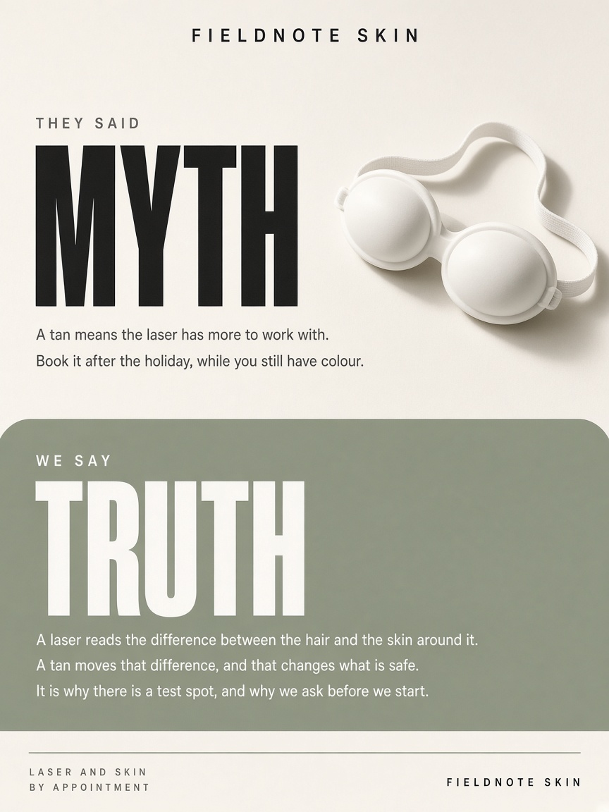 Fieldnote Skin post: "MYTH / TRUTH", an ivory panel about tanning above a sage panel explaining what a laser reads, with white eye shields beside it.