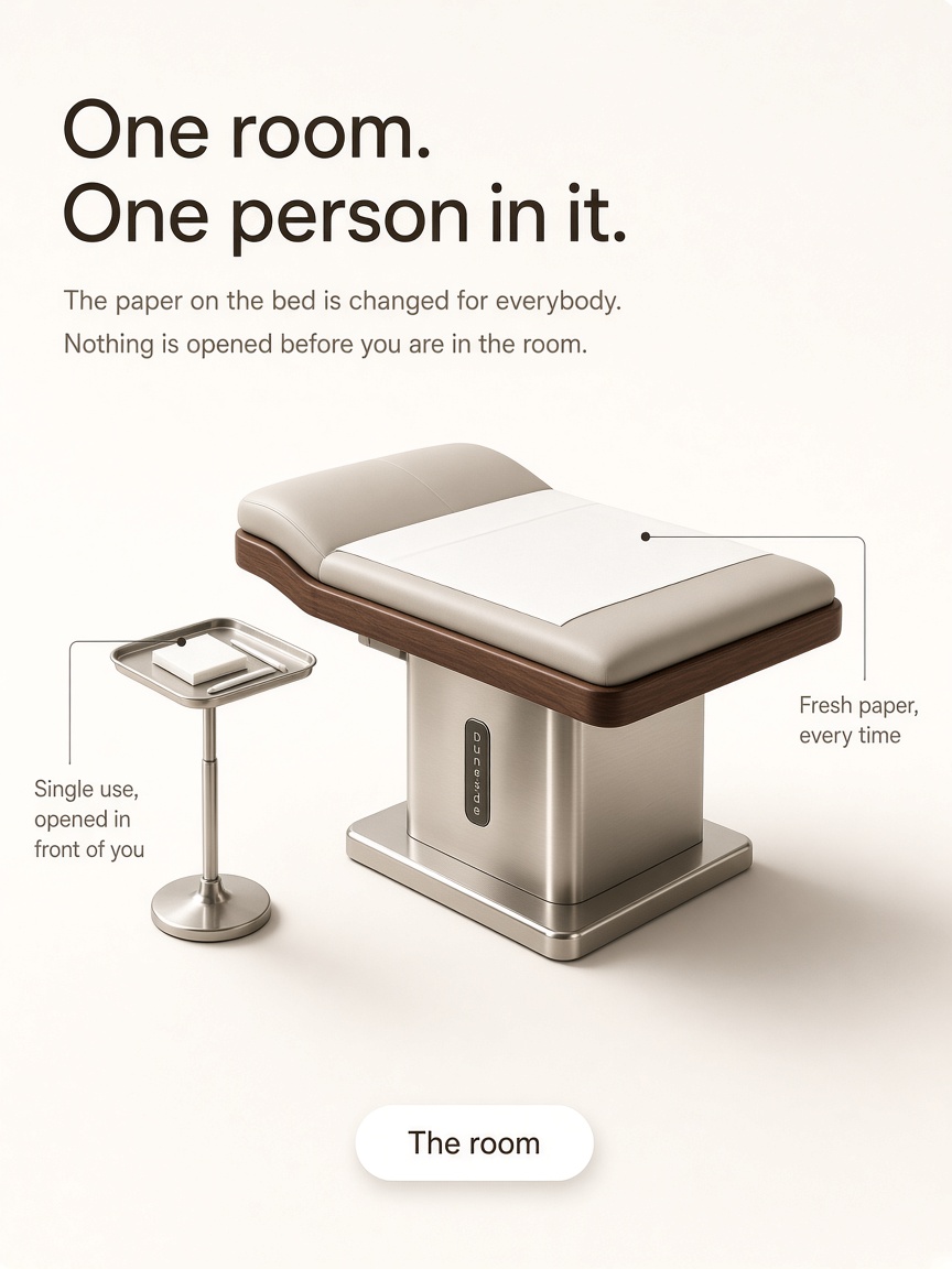 Duneside Aesthetics post: "One room. One person in it.", a treatment bed and a small stainless tray on a white studio sweep under two hairline callouts.