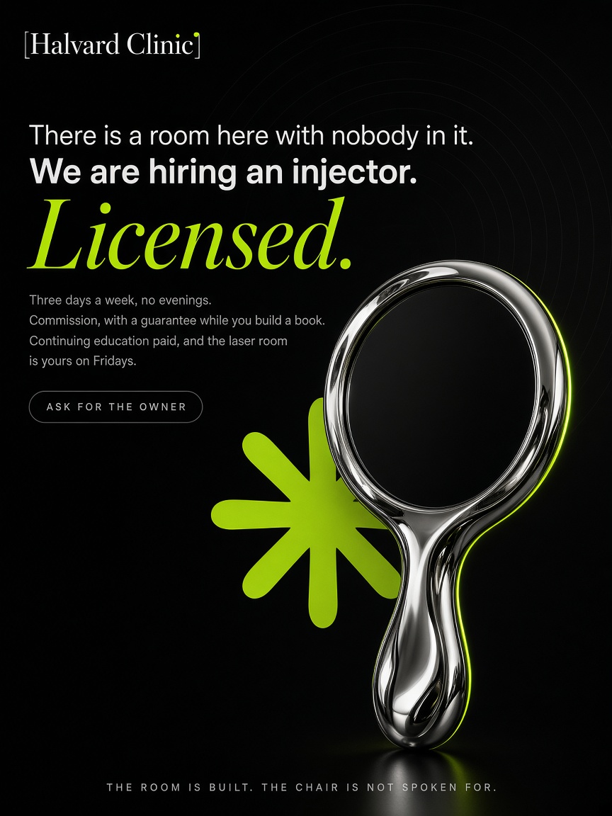 Halvard Clinic post: "We are hiring an injector.", a black poster with acid lime type and a polished chrome hand mirror standing on its handle.