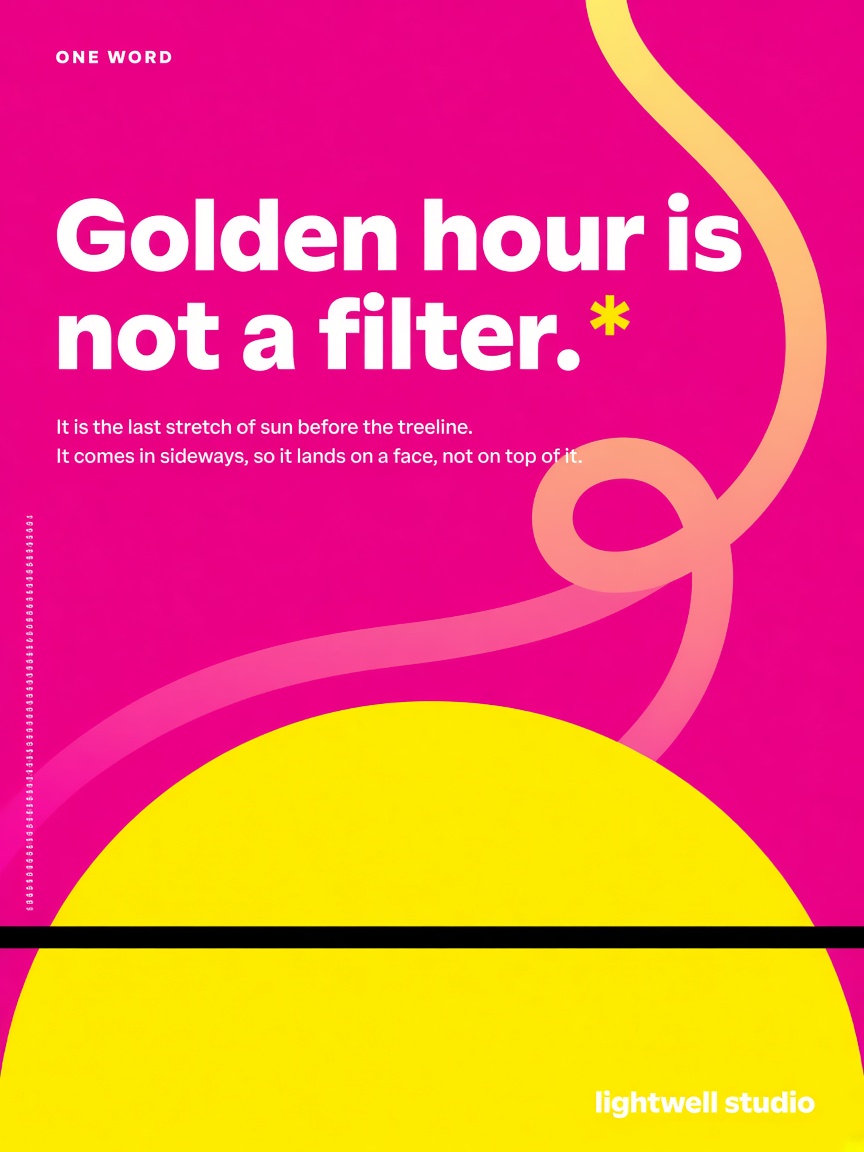 Lightwell Studio post: "Golden hour is not a filter.", a giant flat yellow sun cropped by a black treeline on magenta.