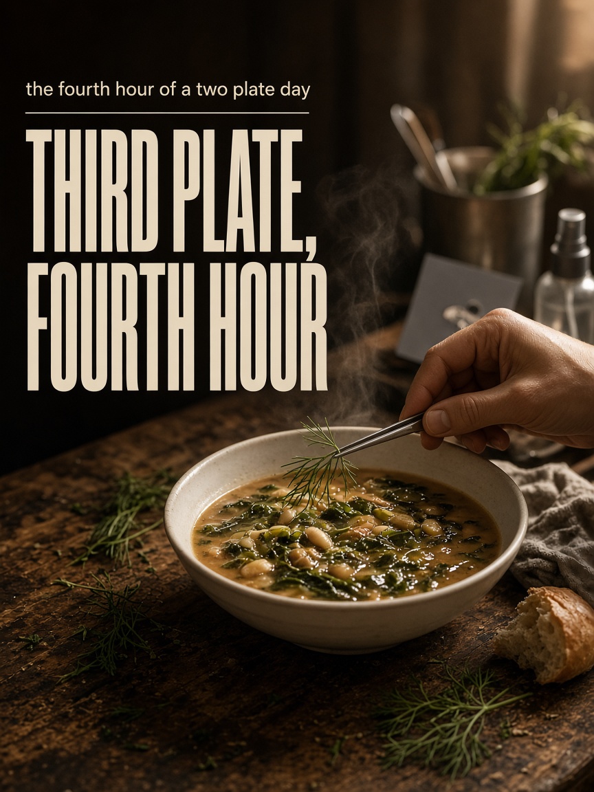 Long Table post: "THIRD PLATE, FOURTH HOUR", a bowl of stew on a food set with a hand laying one herb frond with tweezers.