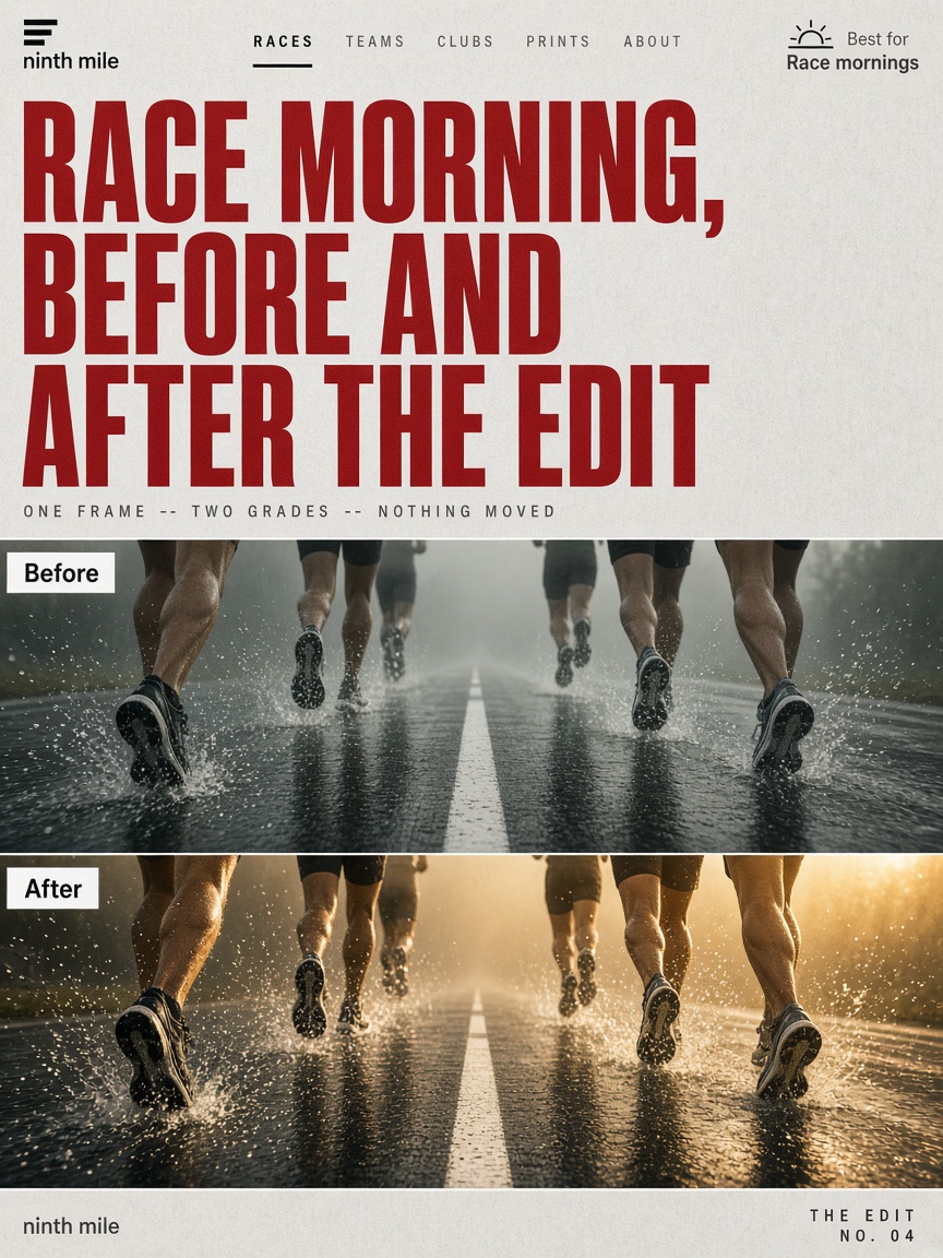 Ninth Mile post: "RACE MORNING, BEFORE AND AFTER THE EDIT", the same sunrise frame of runners' legs stacked flat then finished.