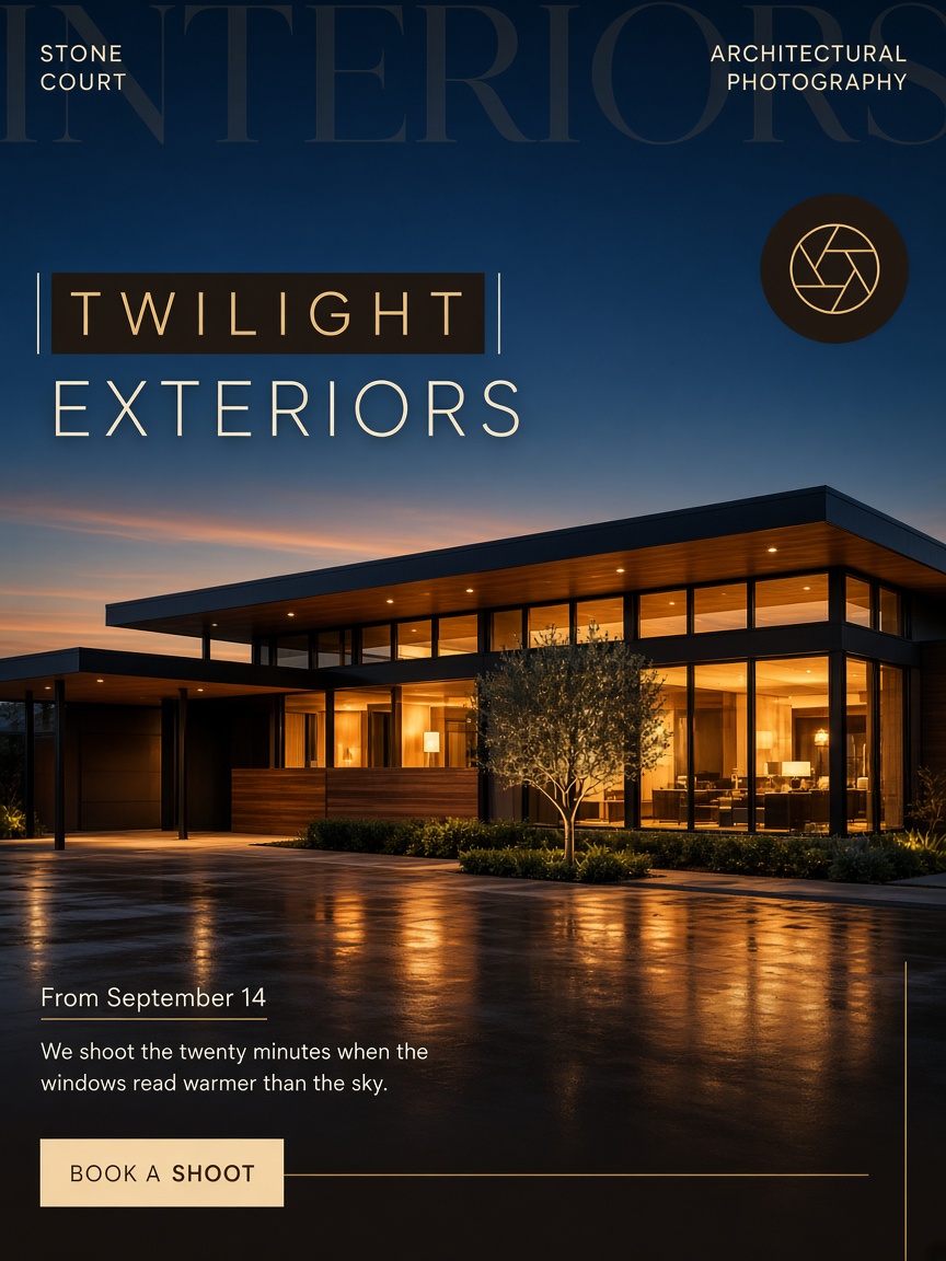 Stone Court post: "TWILIGHT EXTERIORS", a low mid-century house at blue hour with every window lit and the driveway wet.