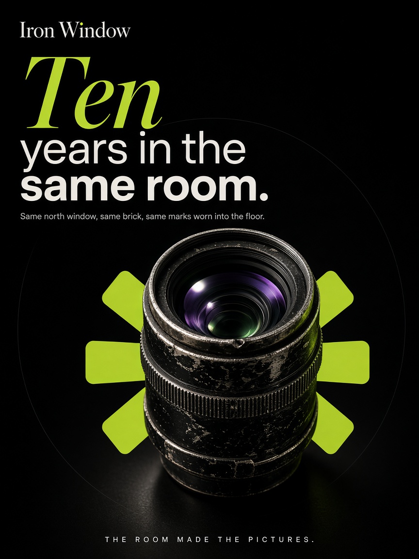 Iron Window post: "Ten years in the same room.", a worn prime lens standing on a black field under a lime rim light.