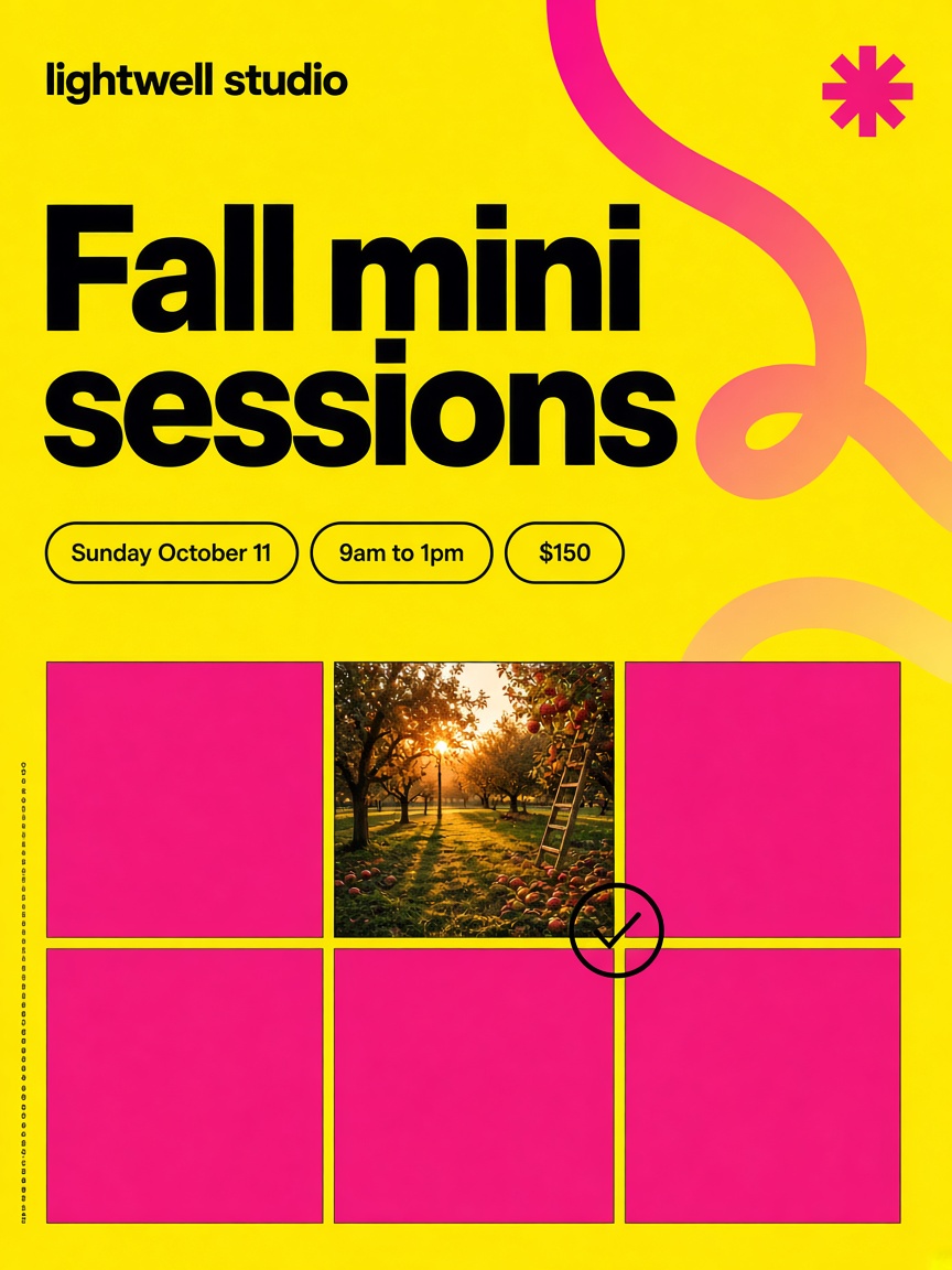 Lightwell Studio post: "Fall mini sessions", the date, the hours and the price beside a contact sheet with one frame ringed.
