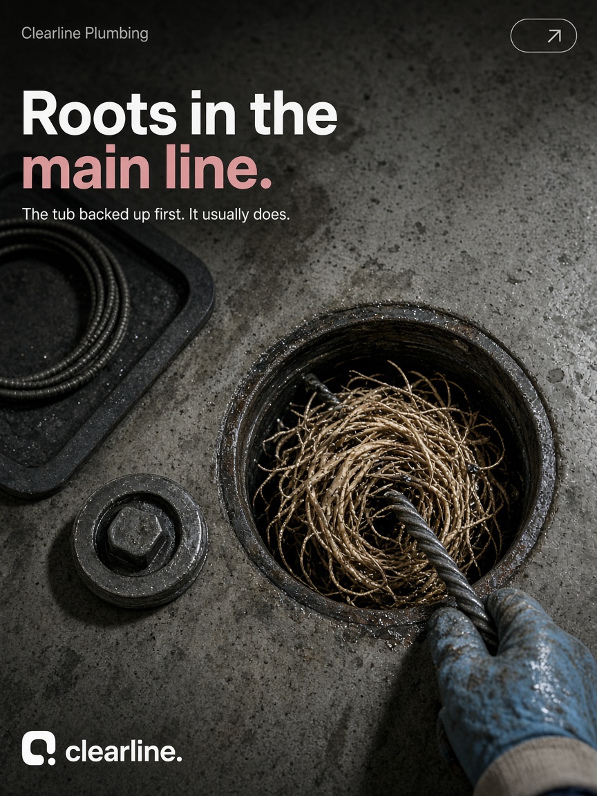 Clearline Plumbing post: "Roots in the main line.", a mass of pale roots wound around an auger head rising out of an open basement cleanout.