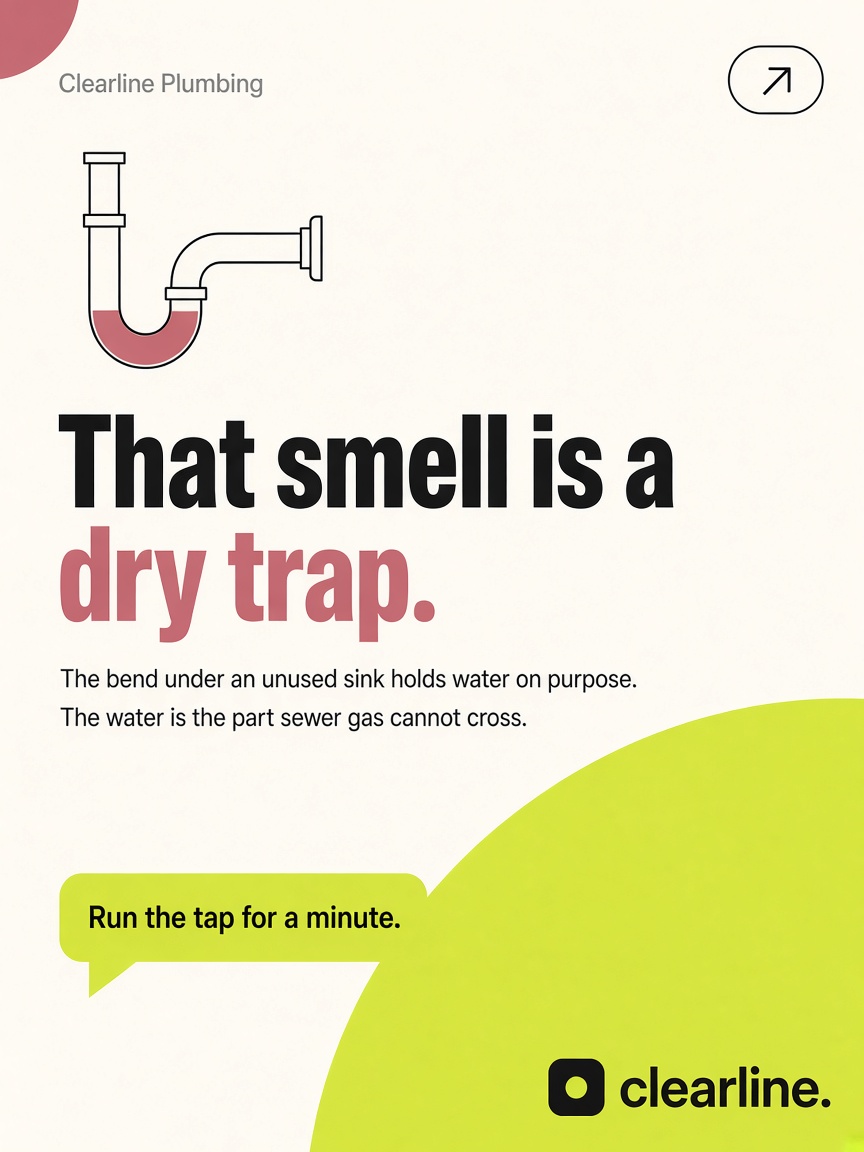 Clearline Plumbing post: "That smell is a dry trap.", a small line drawing of a P-trap with the water in its bend picked out in pink.