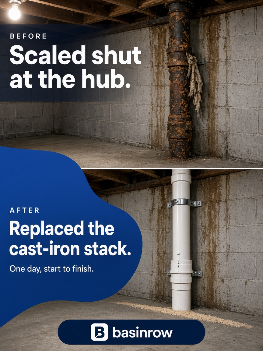 Basin Row post: "Replaced the cast-iron stack.", the same basement corner twice, a rusted cast-iron soil stack above and a new white plastic one below.
