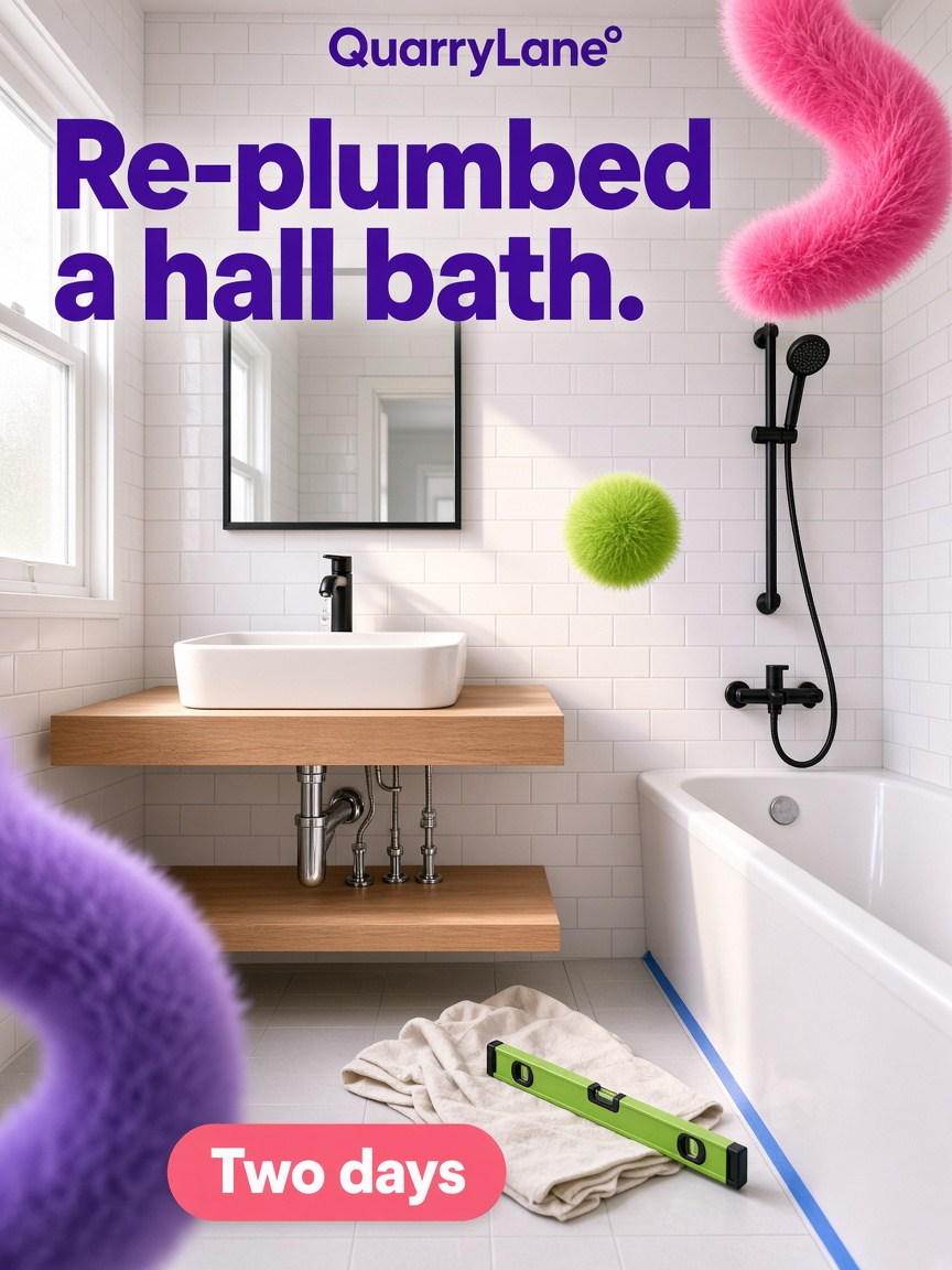 Quarry Lane post: "Re-plumbed a hall bath.", a finished white-tiled bathroom with an oak vanity, a black faucet and plush violet shapes at the edges.