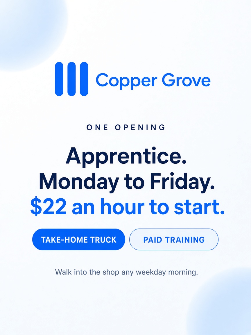 Copper Grove post: "Apprentice. Monday to Friday. $22 an hour to start.", a pale blue card with the pay in electric blue and two chips under it.
