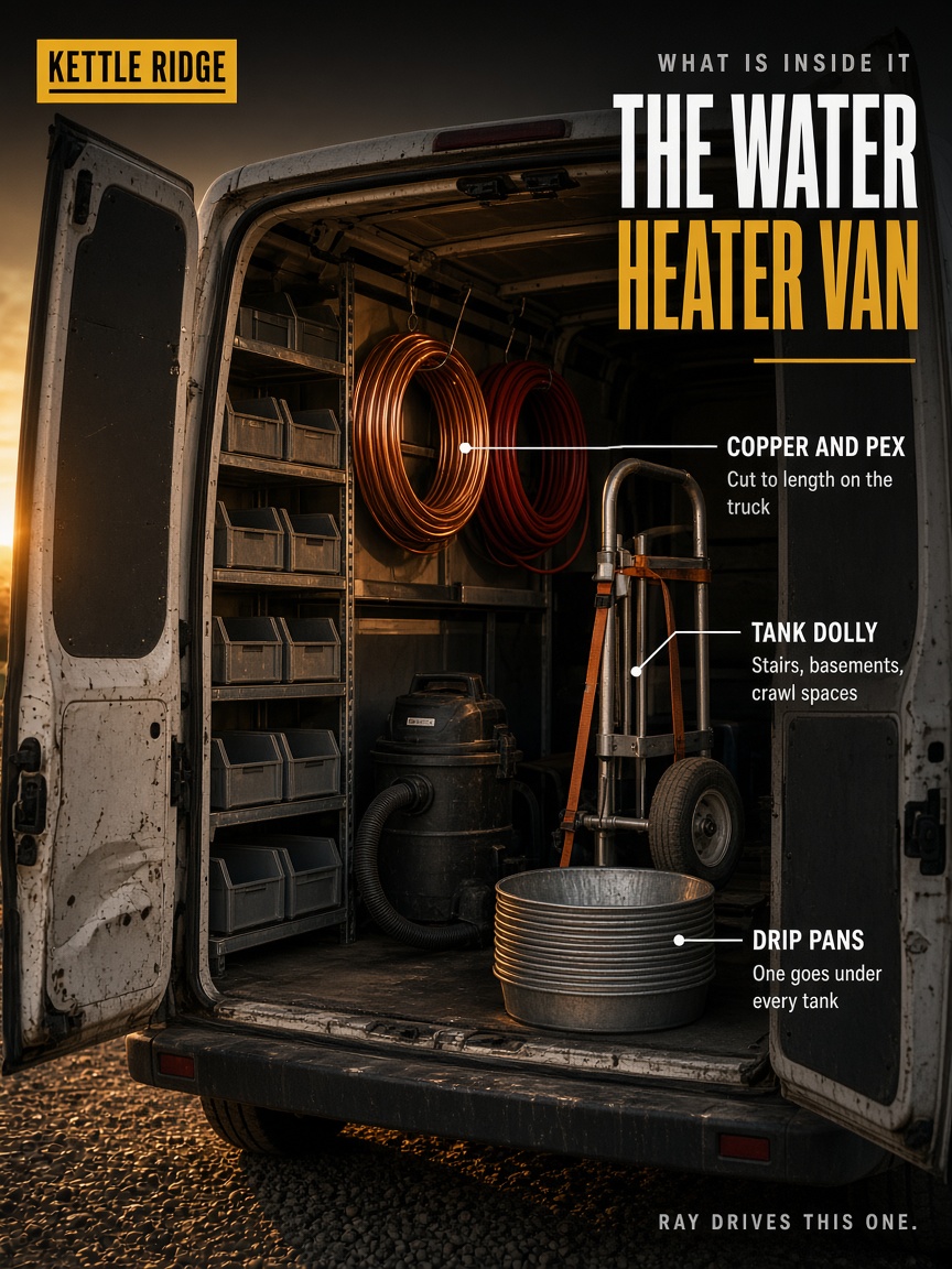 Kettle Ridge post: "THE WATER HEATER VAN", the open back of a service van at dusk with labelled leader lines pointing at two hung coils, a strapped tank dolly and a stack of galvanised pans.