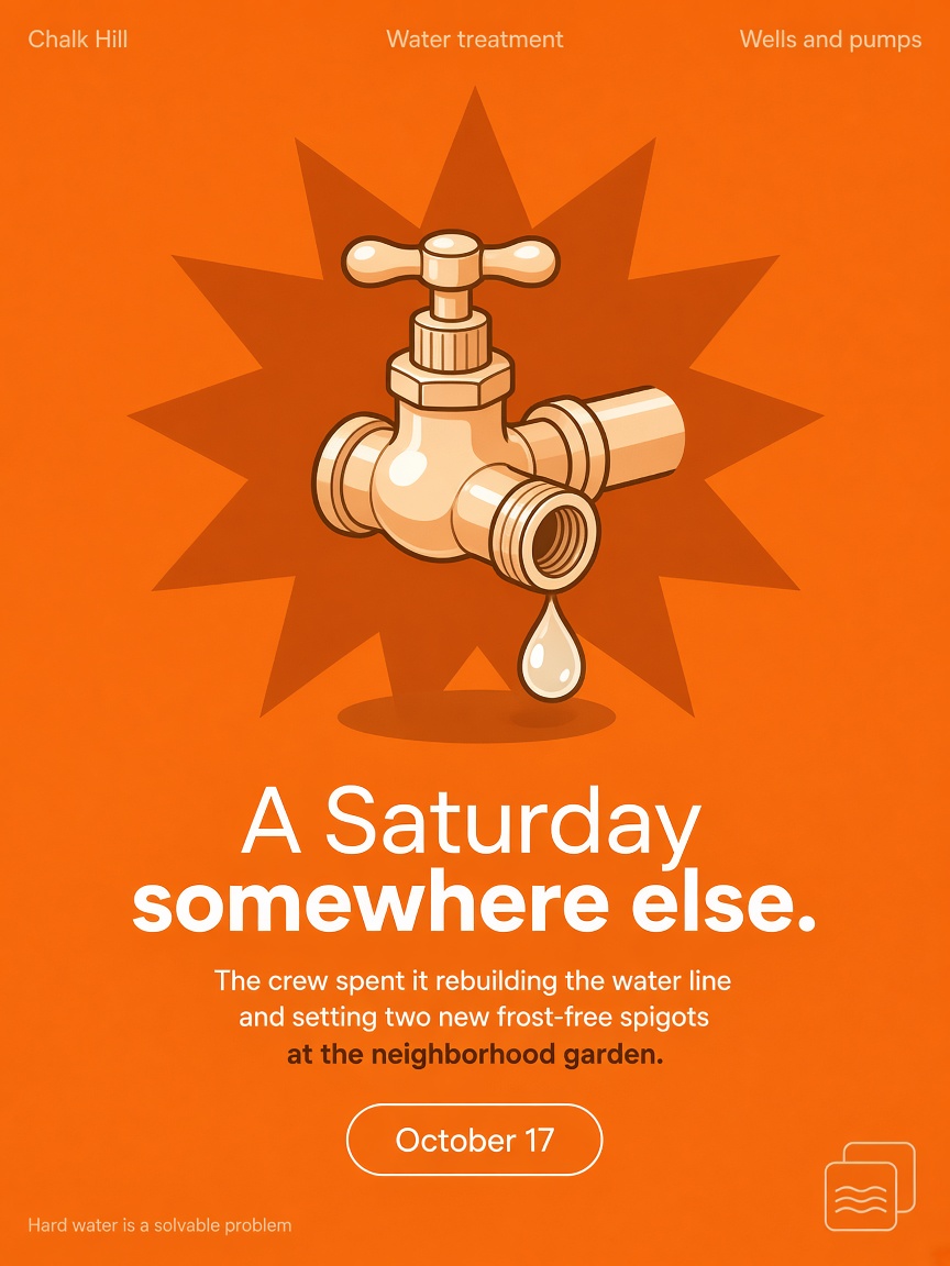Chalk Hill post: "A Saturday somewhere else.", a drawn brass garden spigot with a hanging drop on a burst of orange.