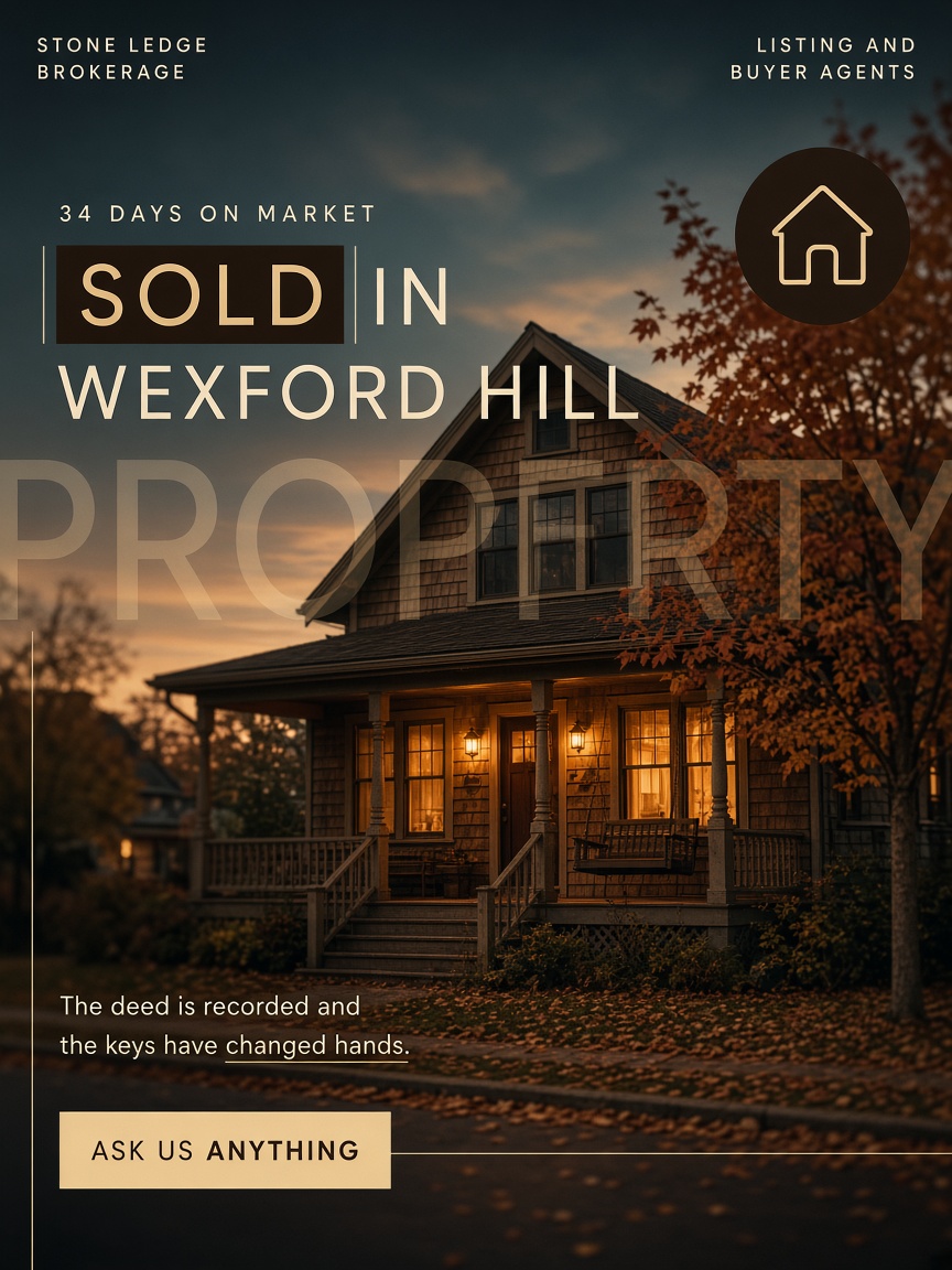 Stone Ledge post: "SOLD IN WEXFORD HILL", a cedar-shingled house at dusk with the porch light and both front rooms lit.